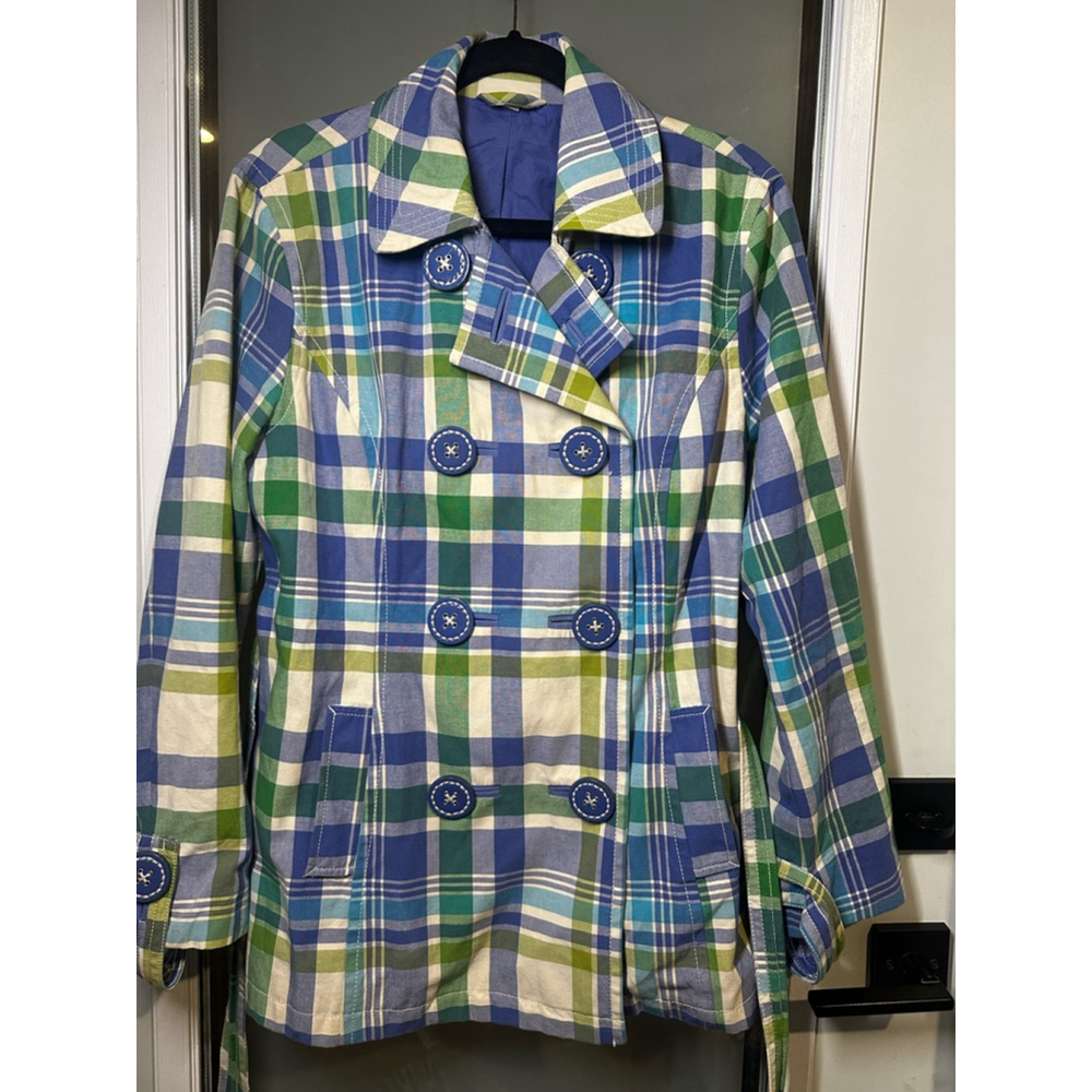 Boden Blue and Green Plaid Trench Coat - Picture 9 of 9